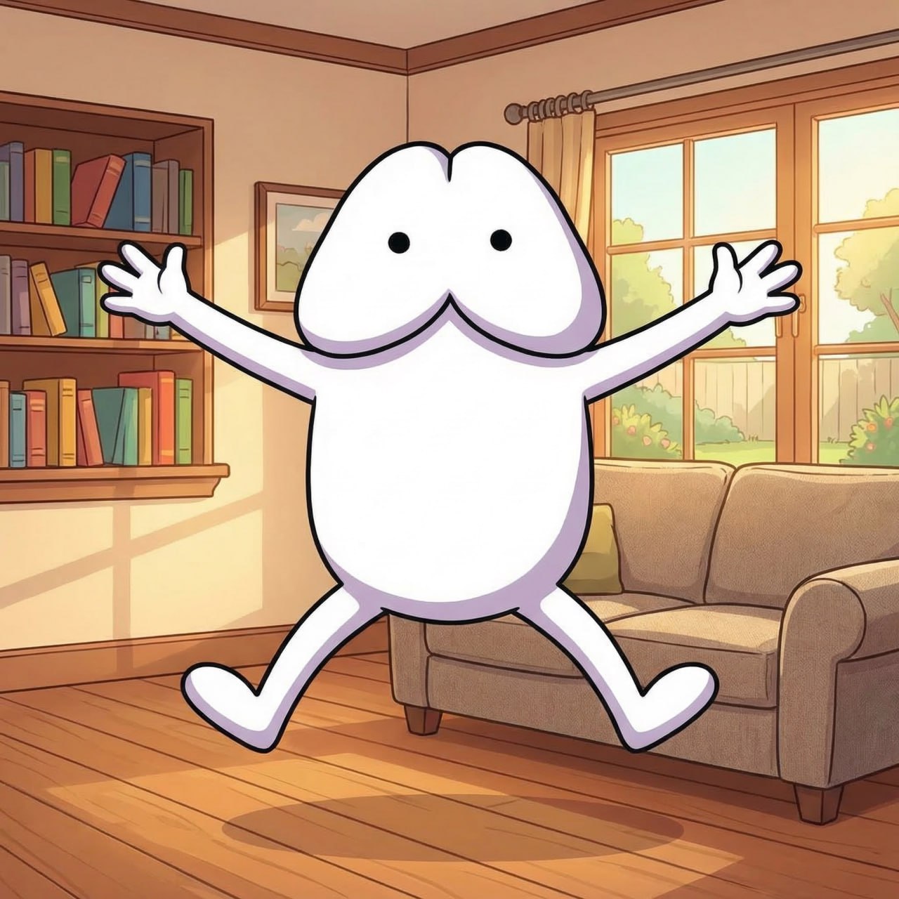 Blimbo jumping enthusiastically in a cozy living room.