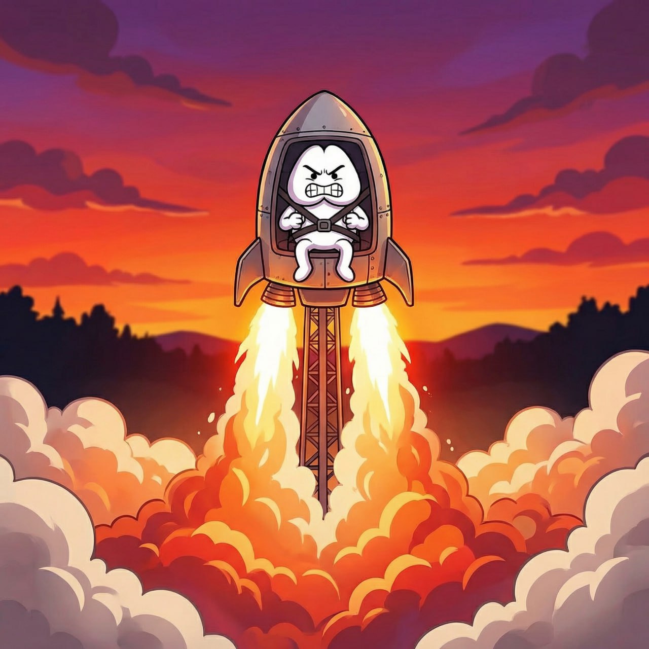 Blimbo strapped to a rocket blasting off at sunset.